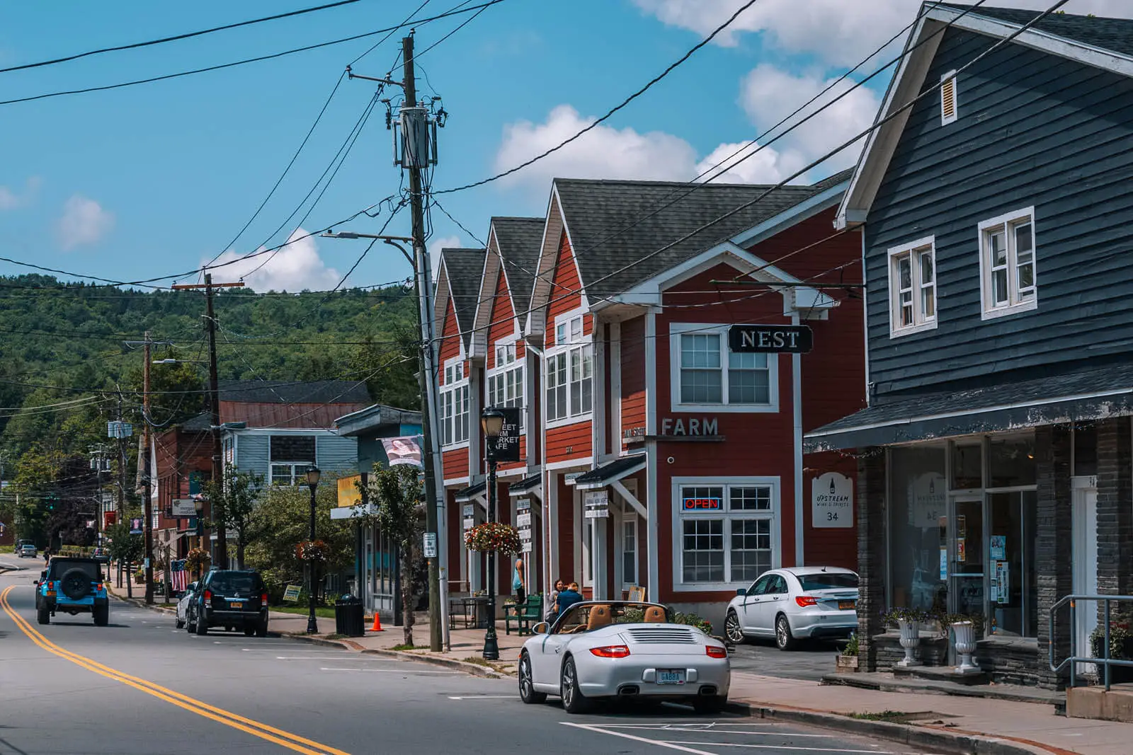 Main Street in downtown Livingston Manor, New York, with the Main Street Farm building and shopfronts along the street