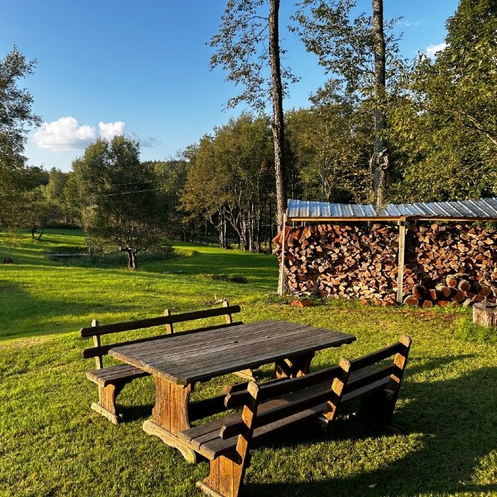 A picnic table and stacked firewood on the Namaste Catskills property in Livingston Manor, New York, from the farm's early years as a small campsite